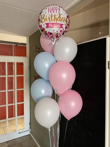Ballonboeket Happy Birthday Roze Blauw Wit