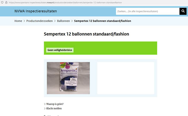 Geen veiligheidsrisico op Sempertex ballonnen